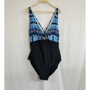 Anne Cole Blue & White Print Black Bottom Deep V-Neck One Piece Swimsuit Size 18